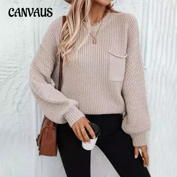Осенне-зимний женский свитер с круглым вырезом, свободным карманом, вязаный свитер с рукавами-фонариками S хаки