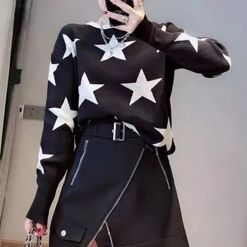 Осенне-зимний женский свитер с круглым вырезом и звездами, пуловер, вязаные свитера C-288 One Size чёрный