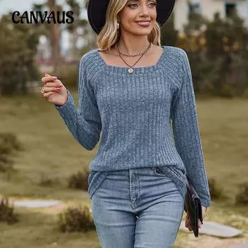 Осенне-зимний женский свитер с квадратным вырезом в полоску, однотонный топ с длинными рукавами и пуговицами в стиле пэчворк