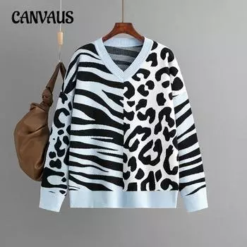 Осенне-зимний женский свитер с леопардовым принтом и v-образным вырезом, свитер смешанной вязки, пуловер, свитер с длинными рукавами One Size хаки