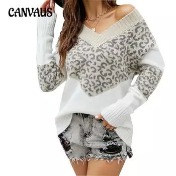 Осенне-зимний женский свитер с леопардовым принтом, вязаный свитер с v-образным вырезом, лоскутный женский свитер S хаки