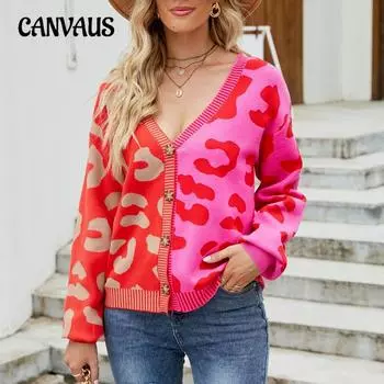 Осенне-зимний женский свитер с леопардовым принтом, однобортный кардиган с v-образным вырезом, свитер S красный