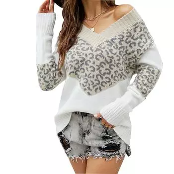Осенне-зимний женский свитер с леопардовым принтом, вязаный свитер с v-образным вырезом, лоскутный женский свитер S хаки