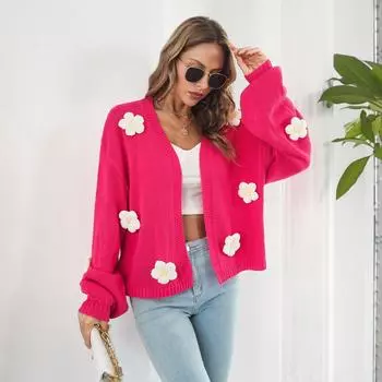 Осенне-зимний женский свитер с объемной вышивкой и рукавами-фонариками, свободный вязаный кардиган S зелёный