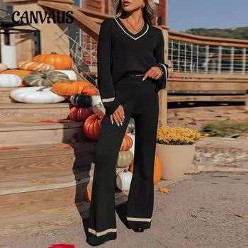 Осенне-зимний женский свитер с отделкой, топ с длинными рукавами и длинные брюки S чёрный