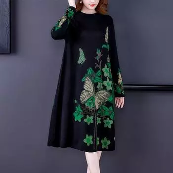 Осенне-зимний женский свитер с принтом, длинный выше колена, трикотажное платье больших размеров, свободный свитер А-силуэта M красный