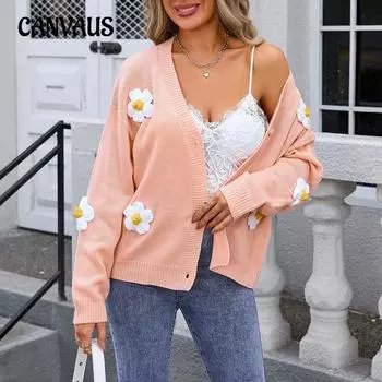 Осенне-зимний женский свитер с пуговицами, кардиган с цветочным узором, прилив S розовый