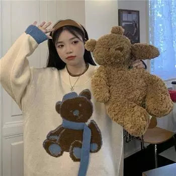 Осенне-зимний женский свитер с рисунком медведя и буквами, милые свободные вязаные женские топы с длинными рукавами и v-образным вырезом One Size бежевый