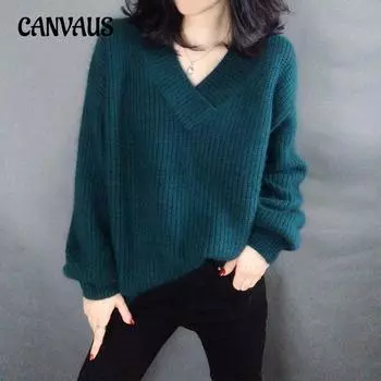 Осенне-зимний женский свитер с рукавами-фонариками, пуловер, вязаный свитер с v-образным вырезом, свободный утолщенный свитер с ленивым ветром, нижняя рубашка One Size абрикосовый