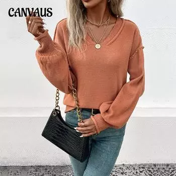 Осенне-зимний женский свитер с v-образным вырезом, модный однотонный свободный однотонный свитер с длинными рукавами, удобный повседневный свитер S