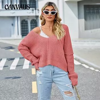 Осенне-зимний женский свитер с v-образным вырезом, однотонный трикотаж без бретелек, сексуальный пуловер, свитер S чёрный