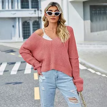 Осенне-зимний женский свитер с v-образным вырезом, однотонный трикотаж без бретелек, сексуальный пуловер, свитер S чёрный