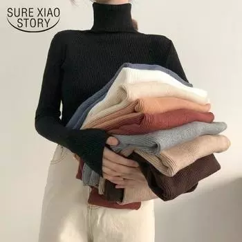 Осенне-зимний женский свитер с воротником и длинным рукавом, женские свитера, пуловер, тонкий однотонный шерстяной вязаный свитер, джемперы 16675 One Size красный