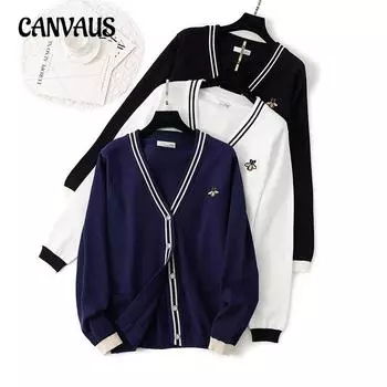 Осенне-зимний женский свитер с вышивкой пчелы, вязаный топ, кардиган, свитер One Size белый