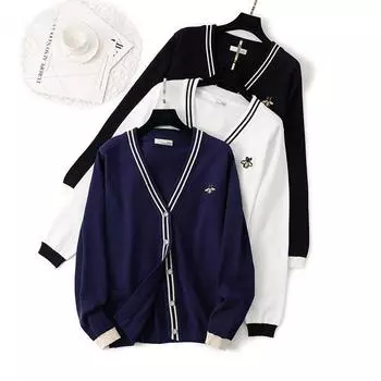 Осенне-зимний женский свитер с вышивкой пчелы, вязаный топ, кардиган, свитер One Size белый