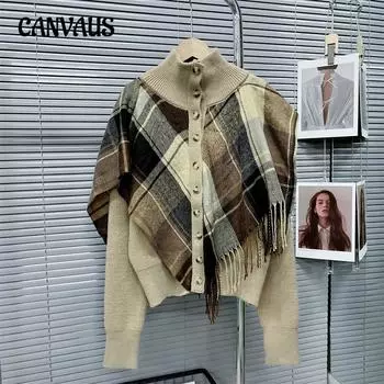 Осенне-зимний женский свитер с высоким воротником, шаль с бахромой, искусственный вязаный кардиган из двух частей, топы One Size хаки