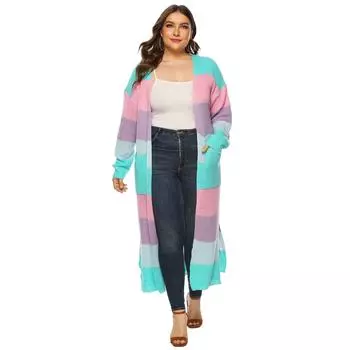 Осенне-зимний женский свитер смешанных цветов с контрастными полосками и разрезными карманами, длинный тканый свитер L синий/розовый