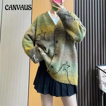 Осенне-зимний женский свитер со звездами и кисточками, винтажный вязаный кардиган с v-образным вырезом, градиентная цветовая круглая куртка из пряжи One Size