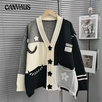 Осенне-зимний женский свитер со звездами, мягкий вязаный кардиган со звездами, мягкий вязаный кардиган, свитер с ленивым ветром One Size чёрный