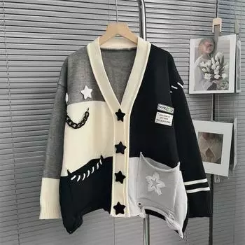 Осенне-зимний женский свитер со звездами, мягкий вязаный кардиган со звездами, мягкий вязаный кардиган, свитер с ленивым ветром One Size чёрный