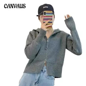 Осенне-зимний женский свитер, свитер с двойной молнией и капюшоном, куртка, легкий ветерок, тонкий темпераментный короткий вязаный кардиган One Size небесно-голубой