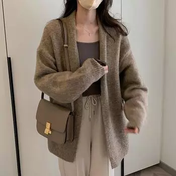 Осенне-зимний женский свитер, свободная верхняя одежда, однотонный, ленивый ветер, нежный ветровой свитер, кардиган, трикотажные топы One Size серый