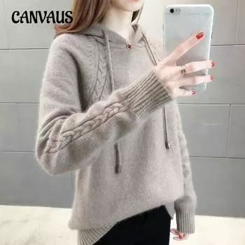 Осенне-зимний женский свитер, свободный пуловер с ленивым ветром, вязаный свитер с капюшоном и длинными рукавами One Size красный