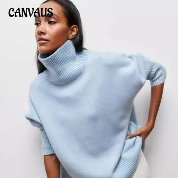 Осенне-зимний женский свитер, свободный, уютный повседневный свитер с высоким воротником S чёрный