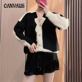 Осенне-зимний женский свитер, свободный винтажный женский свитер с v-образным вырезом, мягкий цветной вязаный кардиган с ленивым ветром, топ One Size чёрный