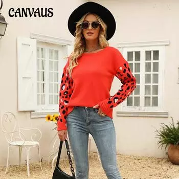 Осенне-зимний женский свитер, свободный вязаный свитер с круглым вырезом и леопардовым принтом, женский пуловер большого размера, свитер S оранжевый