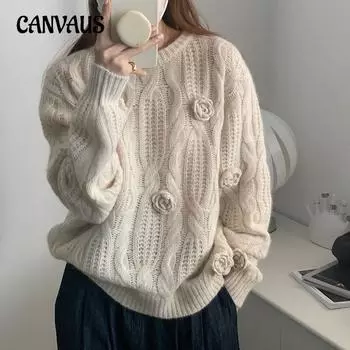 Осенне-зимний женский свитер, трикотаж, шикарный свитер с объемной вышивкой и розой, связанный крючком One Size белый