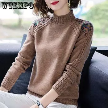 Осенне-зимний женский свитер, утепленный, теплый, короткий, полуводолазка, свободный пуловер большого размера с вышивкой, свитер M кофейный