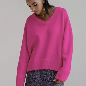 Осенне-зимний женский свитер, уютный повседневный свободный пуловер с v-образным вырезом, свитер с длинными рукавами S белый