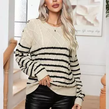 Осенне-зимний женский свитер в полоску на пуговицах, винтажный трикотаж с длинными рукавами, пуловер, свитер S абрикосовый