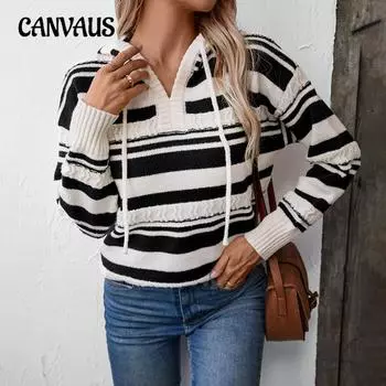 Осенне-зимний женский свитер в полоску, пуловер с капюшоном, вязаный свитер на завязках S серый