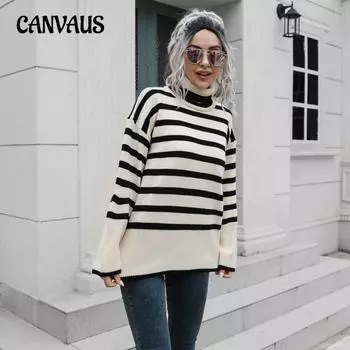 Осенне-зимний женский свитер в полоску с боковым разрезом, высоким воротником, средней длины, свободный повседневный удобный свитер S чёрный