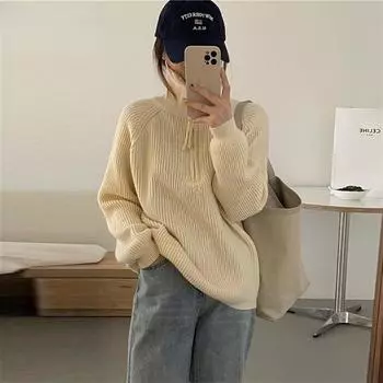 Осенне-зимний женский свитер в полоску с полузастежкой-молнией, дизайн с воротником-стойкой, мягкие свободные топы-свитера для ленивого ветра One Size хаки