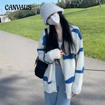 Осенне-зимний женский свитер в полоску, свободный вязаный кардиган с v-образным вырезом в студенческом стиле, топ с длинными рукавами One Size чёрный