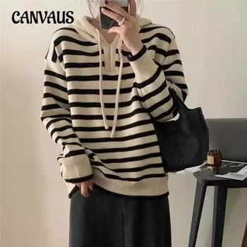 Осенне-зимний женский свитер в полоску в стиле ретро, трикотаж с капюшоном, свободный пуловер, мягкий свитер, трикотаж с длинными рукавами One Size абрикосовый