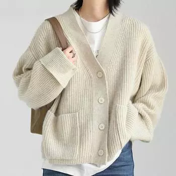 Осенне-зимний женский свитер в стиле ретро, свободный вязаный кардиган с v-образным вырезом и отложными манжетами, верхняя одежда One Size белый