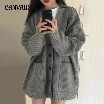 Осенне-зимний женский свитер в студенческом стиле, свободный однотонный вязаный кардиган с v-образным вырезом и карманами, свитер с длинными рукавами One Size серый