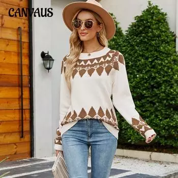 Осенне-зимний женский свитер, винтажный жаккардовый вязаный свитер, женский пуловер с круглым вырезом и длинными рукавами, свитер S хаки
