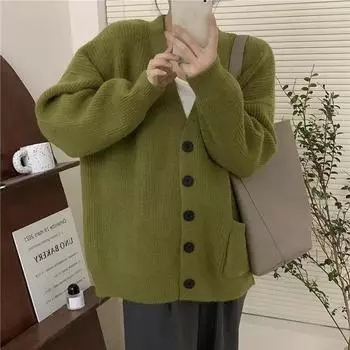 Осенне-зимний женский свитер, вязаный кардиган с v-образным вырезом в стиле ретро, свободный универсальный однобортный свитер с длинными рукавами One Size серый