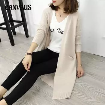 Осенне-зимний женский свитер, вязаный свитер, кардиган средней длины, свободный свитер с карманом и шалью