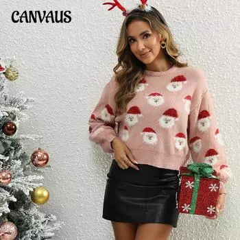 Осенне-зимний женский свитер, вязаный свитер с Санта-Клаусом, пуловер, мягкий рождественский свитер S оранжевый