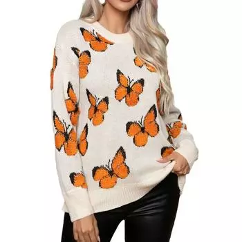 Осенне-зимний женский свитер, жаккардовый свитер с бабочкой, Y2K, свободный вязаный свитер с длинными рукавами S