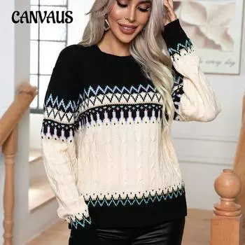 Осенне-зимний женский свитер, жаккардовый витой винтажный вязаный свитер, вязаный пуловер с длинными рукавами, свитер S