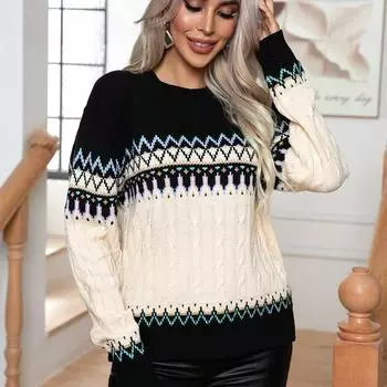 Осенне-зимний женский свитер, жаккардовый витой винтажный вязаный свитер, вязаный пуловер с длинными рукавами, свитер S