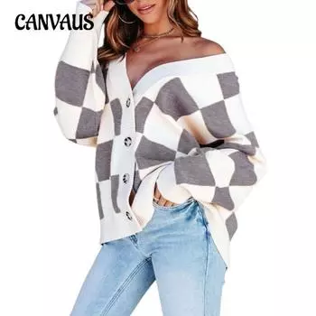 Осенне-зимний женский свободный кардиган больших размеров в клетку с V-образным вырезом, длинными рукавами и пуговицами S серый