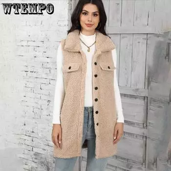 Осенне-зимний женский свободный кардиган средней длины с лацканами без рукавов, плюшевый жилет, куртка S абрикосовый